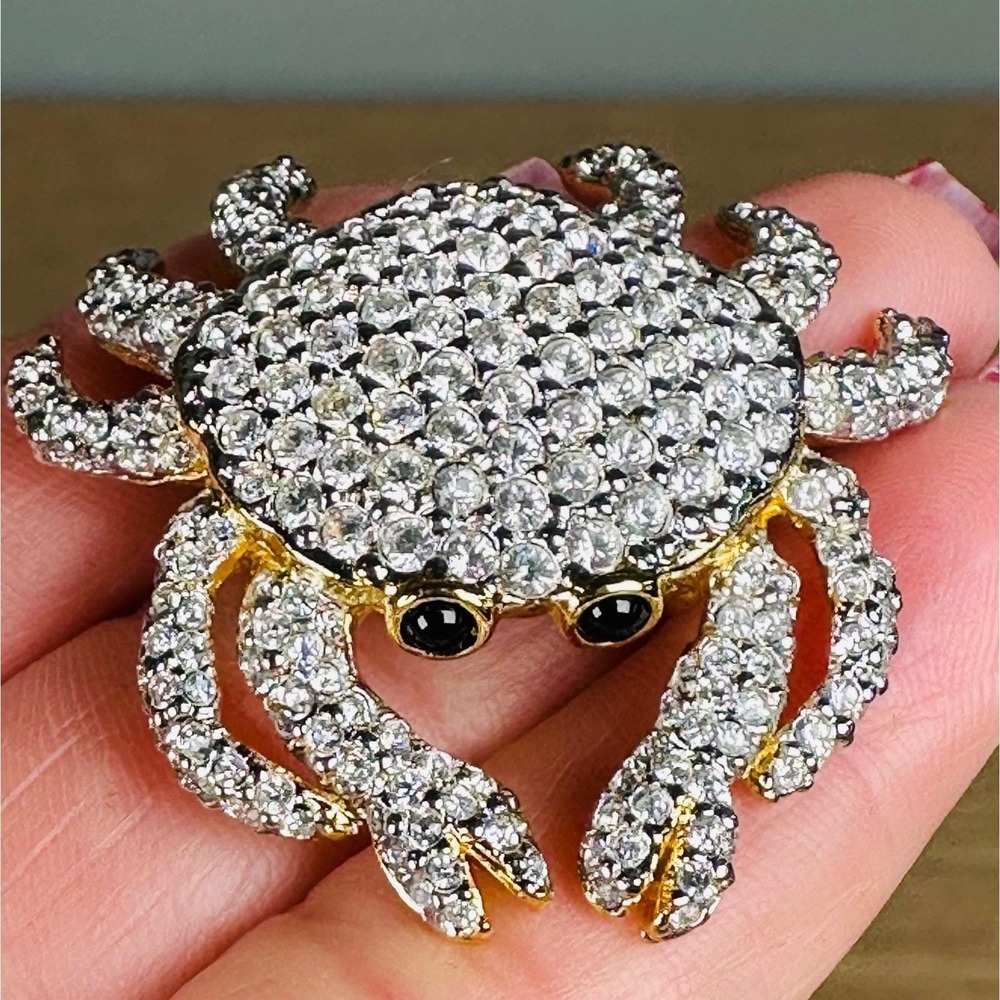 Vintage Swarovski Crystal Crab Brooch Pave Rhinestone Signed Swan Gold Plated